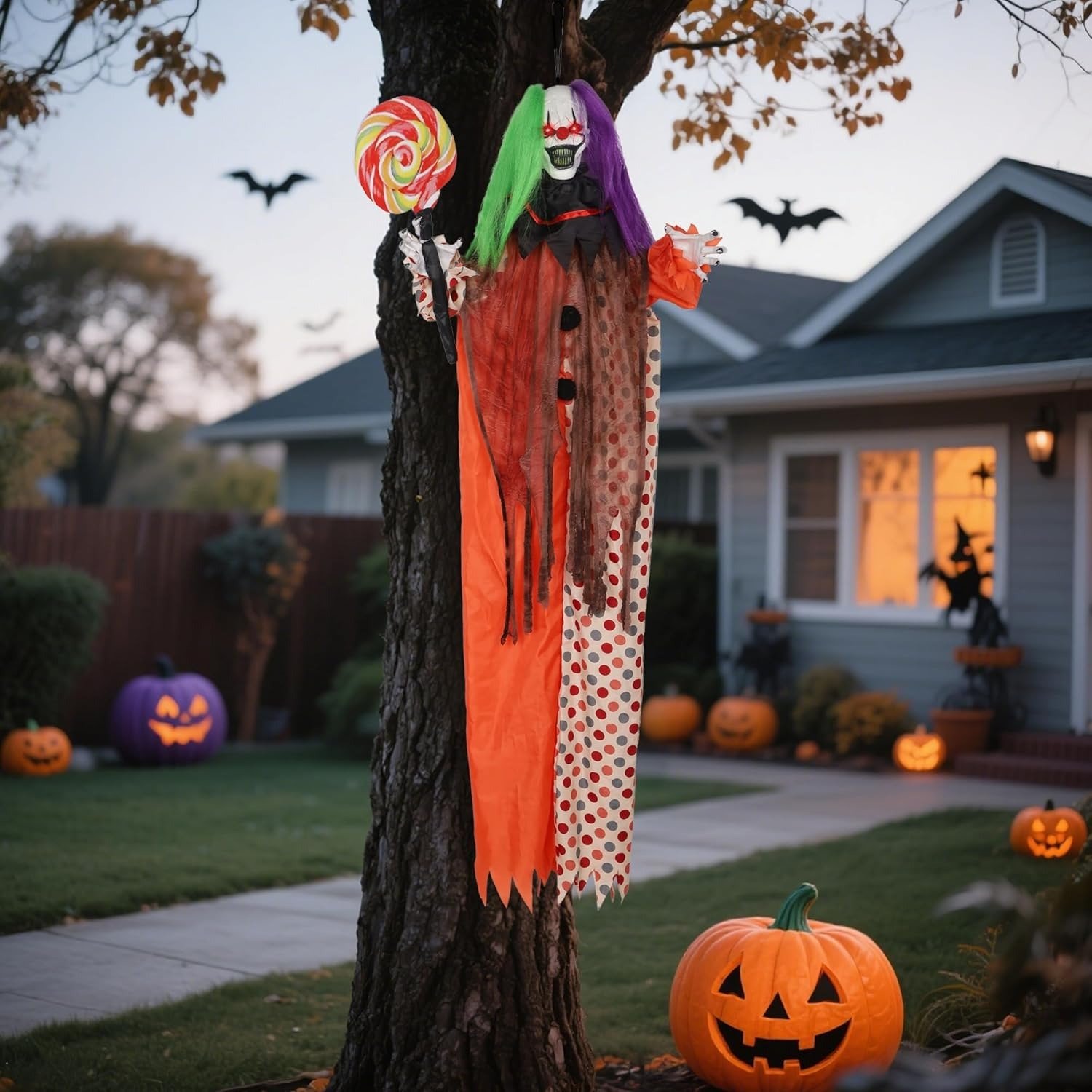 Touch-activated scary clown Halloween prop with glowing red eyes, posable arms, and spooky sound effects.