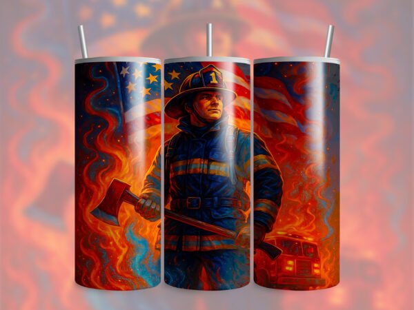 A 20oz tumbler wrap png sublimation mockup of a firefighter holding an ax against and American flag and flame filled background.