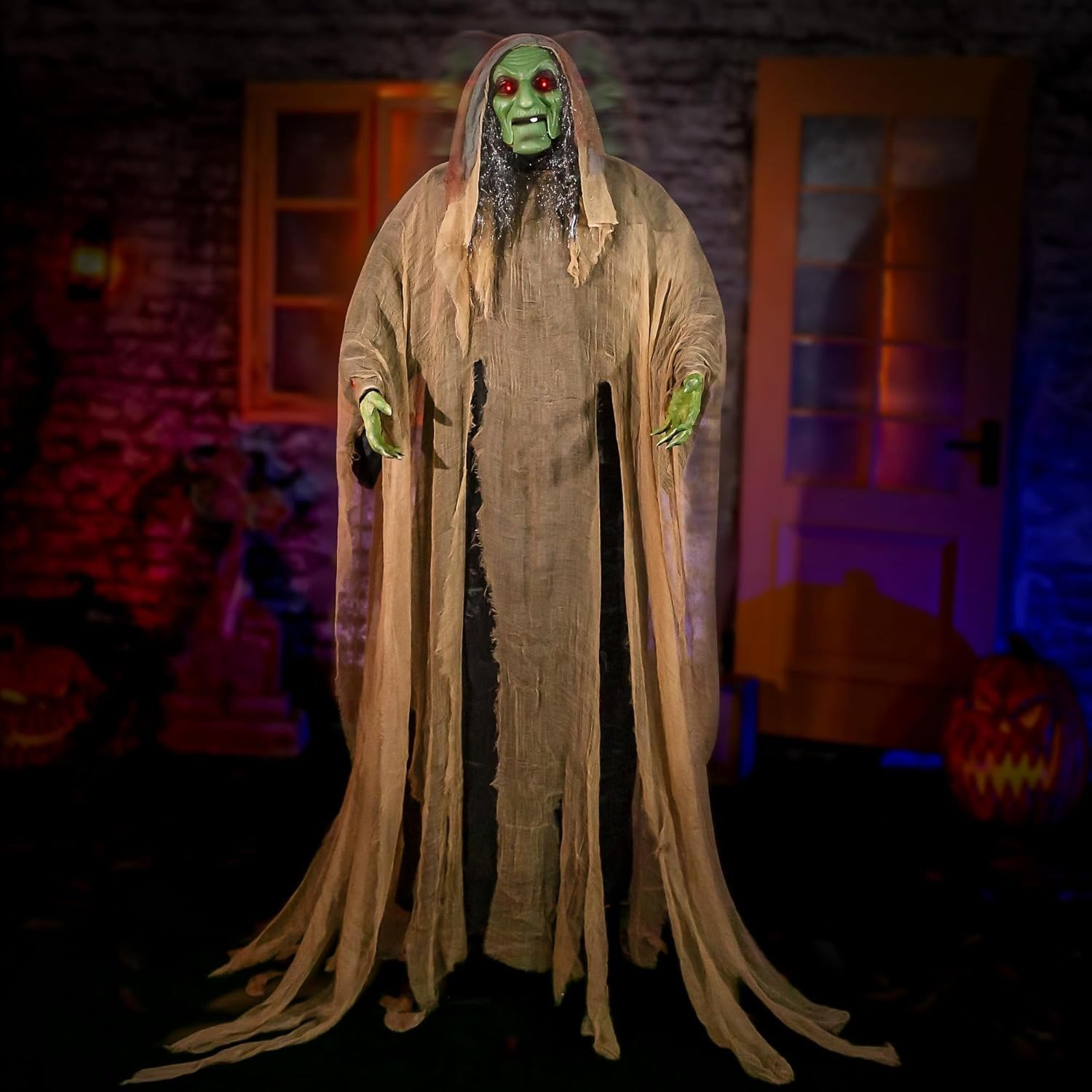 6-foot animated Halloween witch prop with glowing eyes, creepy sounds, and motion-activated movement.