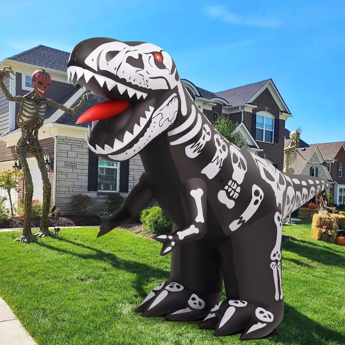 8-foot inflatable dinosaur skeleton Halloween decoration with built-in LED lights.