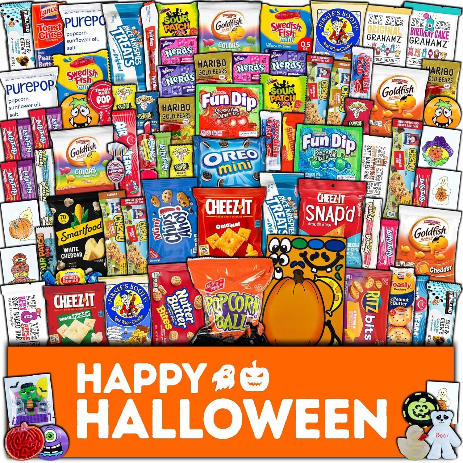 Box of 80 assorted Halloween snacks and candies, perfect for parties.