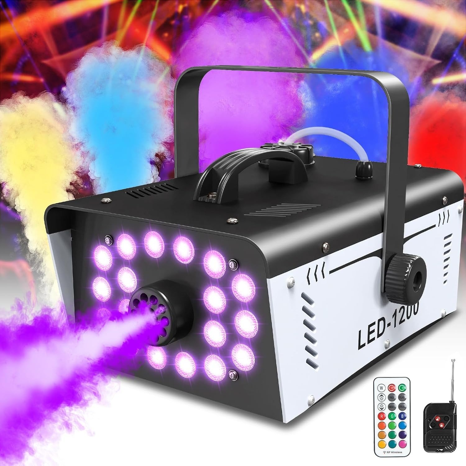YONMIU 1200W fog machine with LED lights and wireless remotes for Halloween yard decor — Amazon prop.