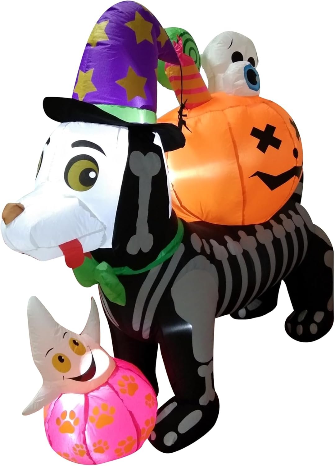 Inflatable skeleton dog lit from inside, set up outdoors for Halloween décor.