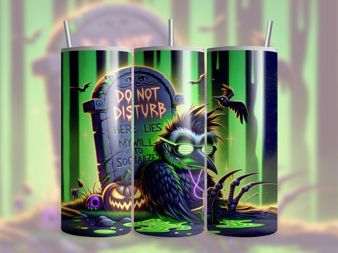 Digital Halloween tumbler wrap design featuring a neon crow in front of a tombstone with pumpkins and glowing accents.