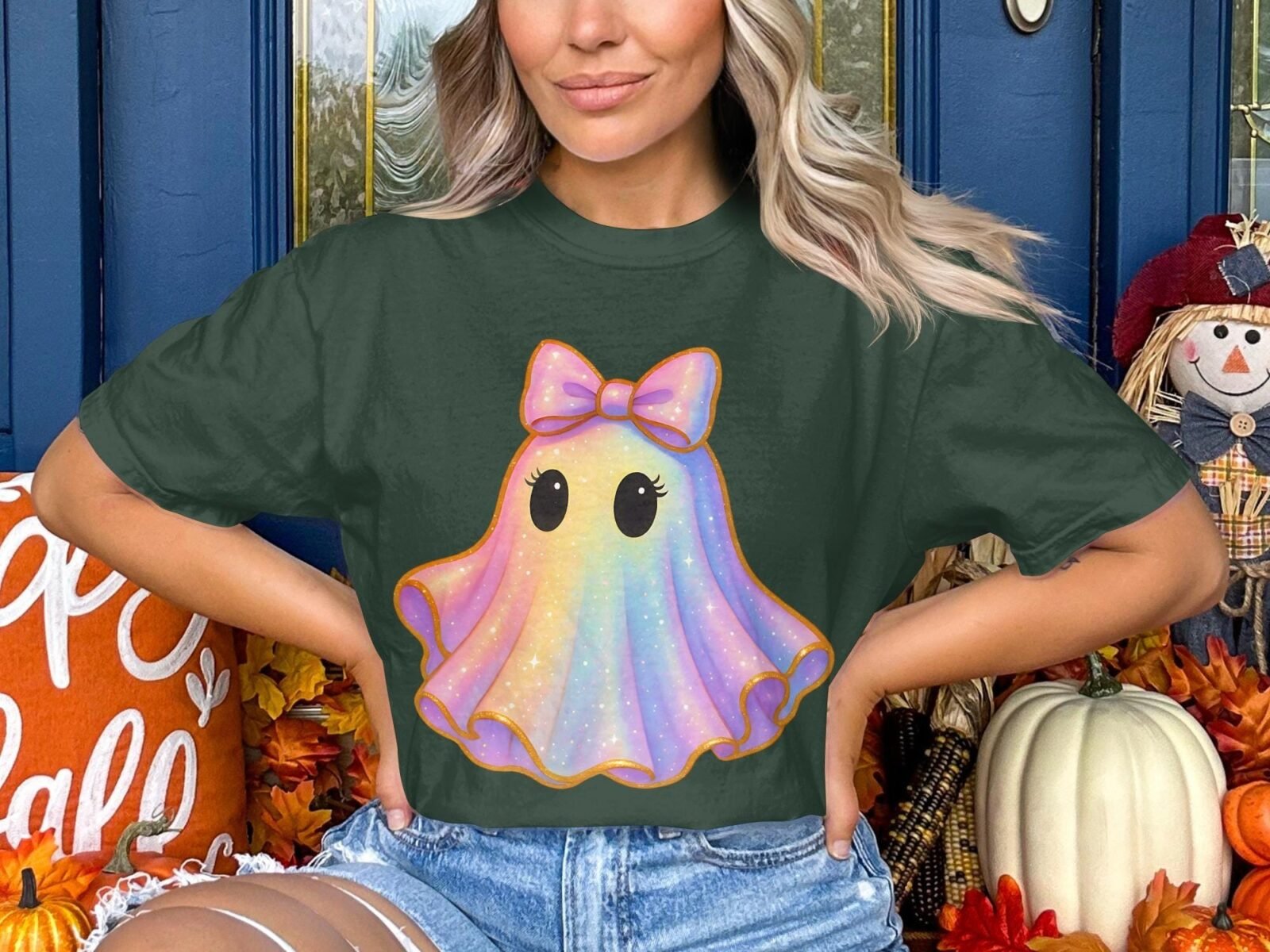 A lady showcasing a Halloween t-shirt recently pressed with an Iridescent ghost sublimation design.