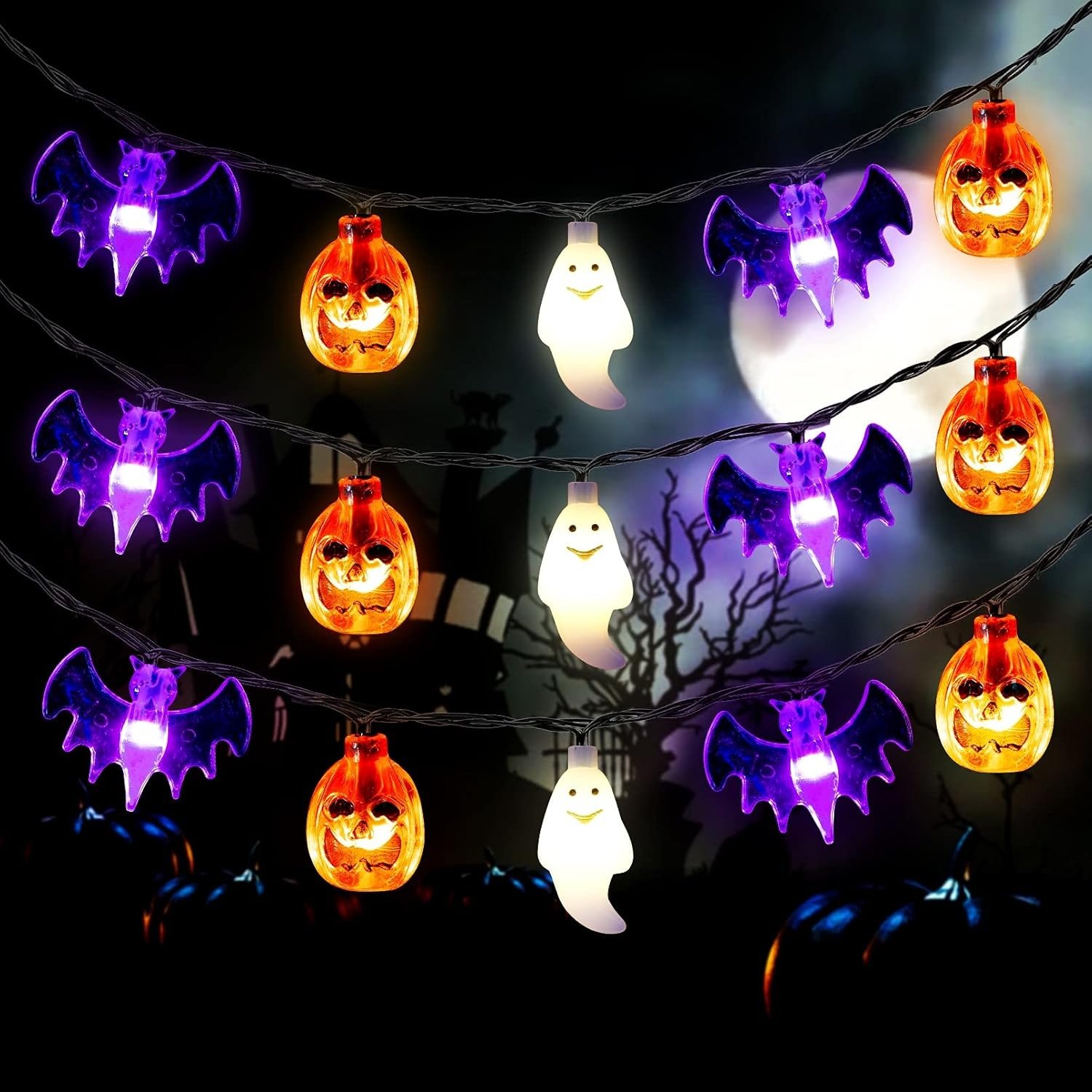 Halloween string lights in the shape of bats, pumpkins and ghosts.